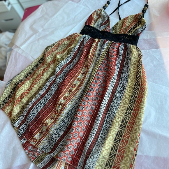 VTG 90s Tricia Fix SUNDRESS small beads 70s crochet lace groovy retro crossback - Picture 13 of 16